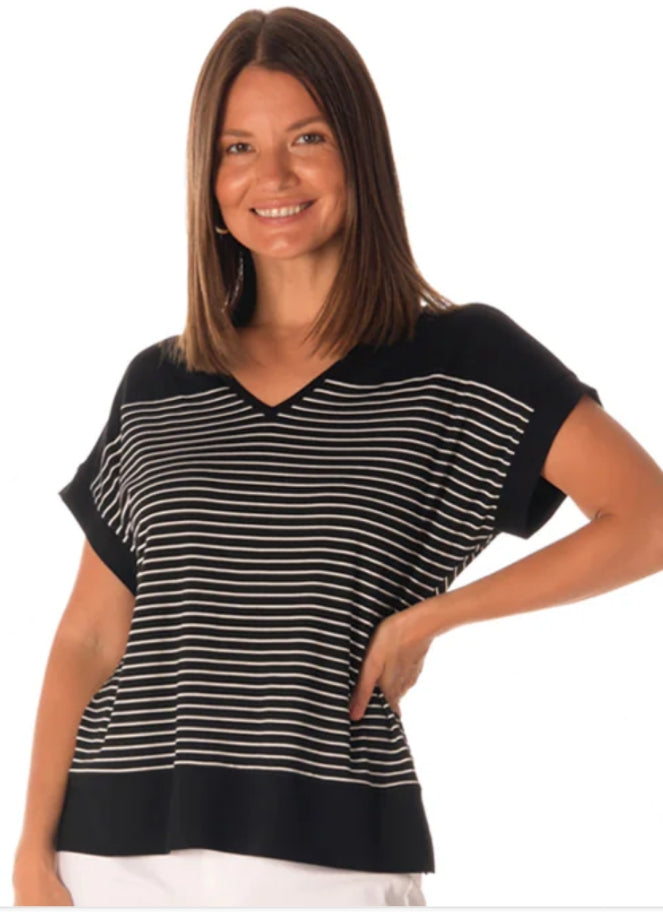 Brenda Beddome Contrast V Neck Top in black and white stripe