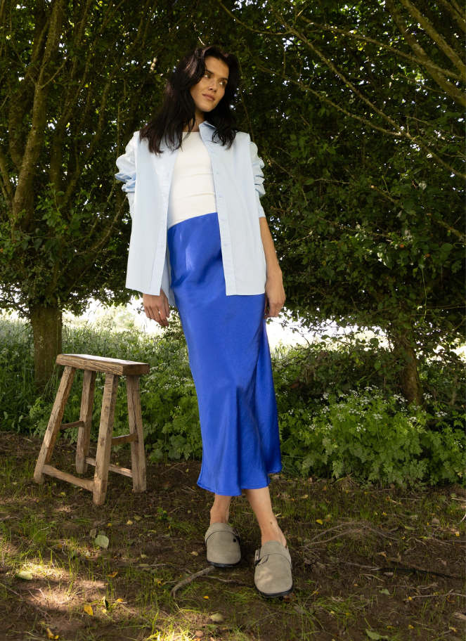 Coster Skyler mid length satin skirt in bright blue