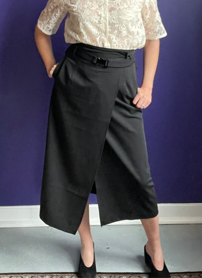 Coster midi length black wrap skirt