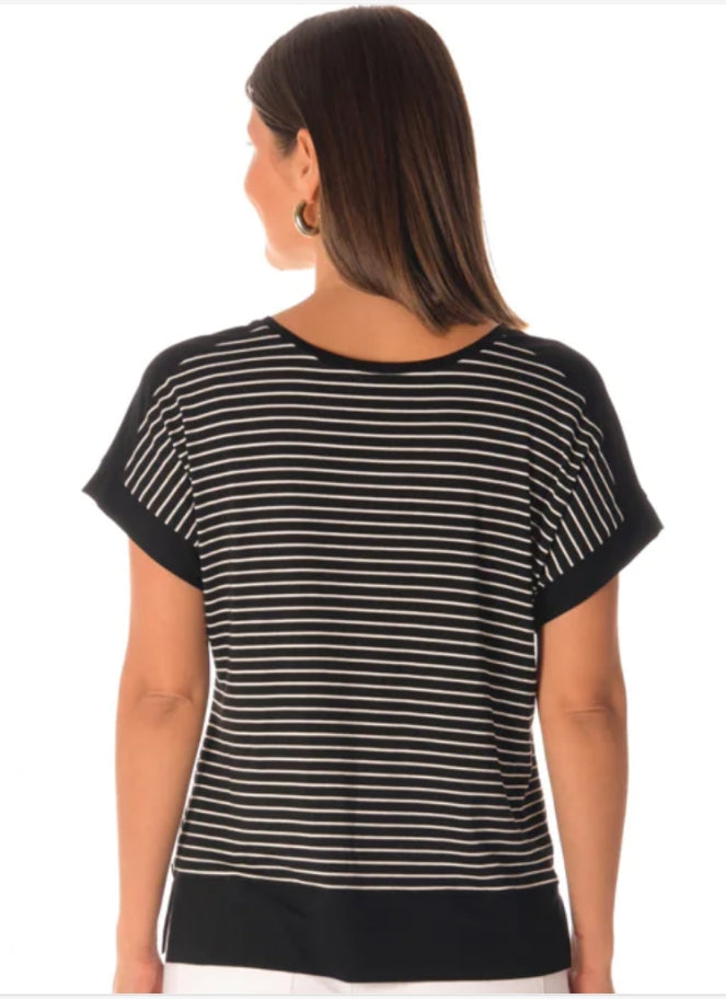 Brenda Beddome Contrast V Neck Top in black and white stripe