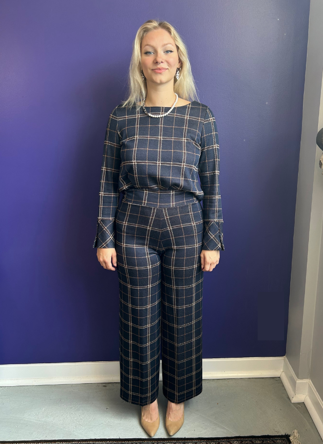 Blue plaid Maria Bellentani pull on pants