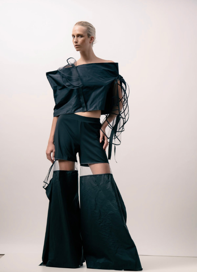 Xenia Mesh-Layered Wide-Leg Pants Lege