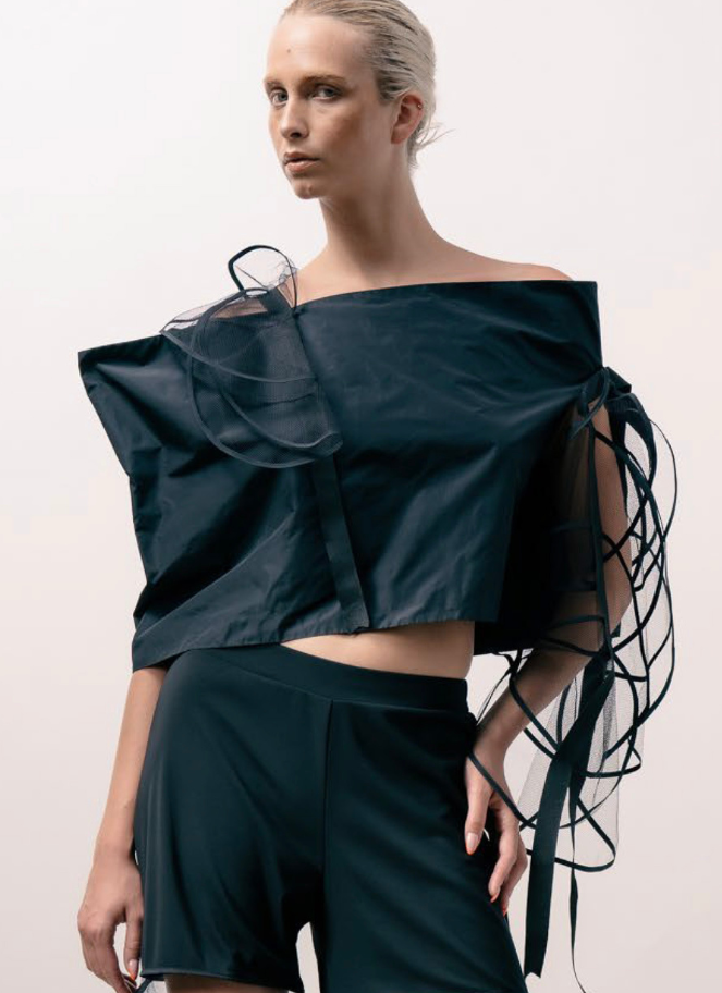 Xenia Off-Shoulder Sculptural Black Top Role
