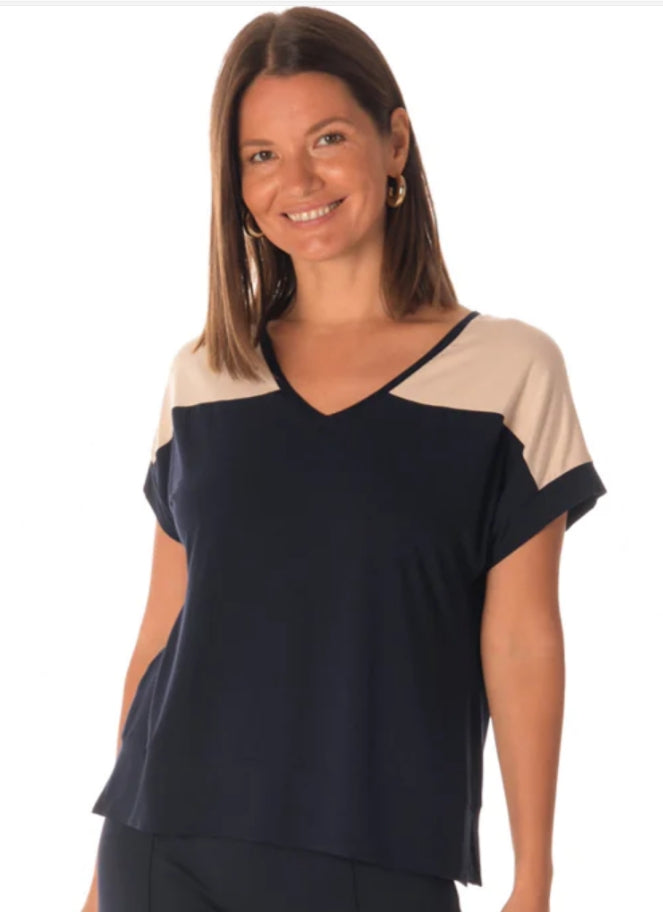 Brenda Beddome V neck short sleeve raglan top in a cream navy combo