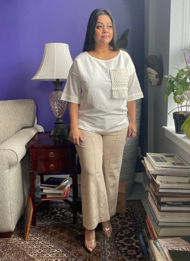 T-shirt à manches courtes avec poche en tricot à franges de Maria Bellentani