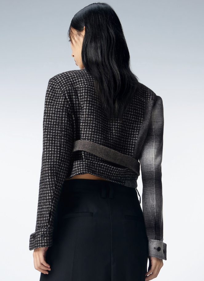 JNBY short cropped jacket in various patterns of black and grey