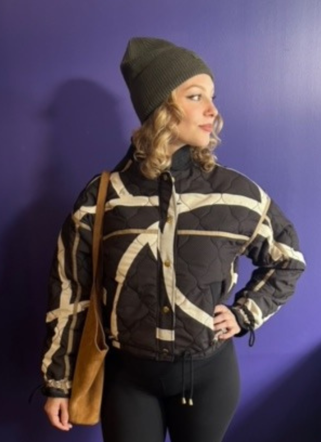 Coster quilted bomber jacket in black brown stripe with brass detail print