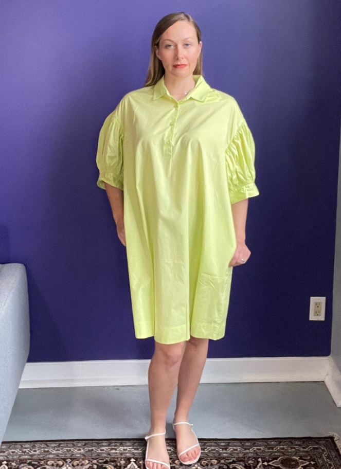 Shirt style dress with puffy sleeves in a yellow green colour by JNBY