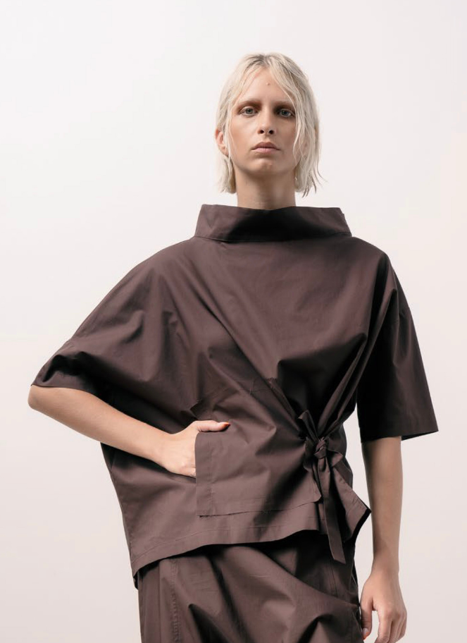 Xenia Structured Side-Tie Boxy Top Crin in Cocoa