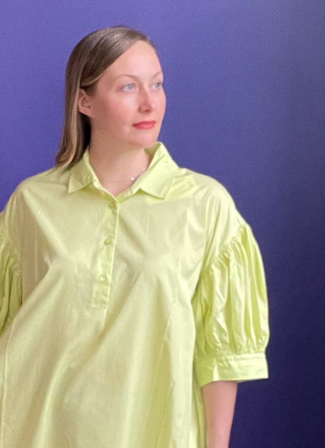 Shirt style dress with puffy sleeves in a yellow green colour by JNBY