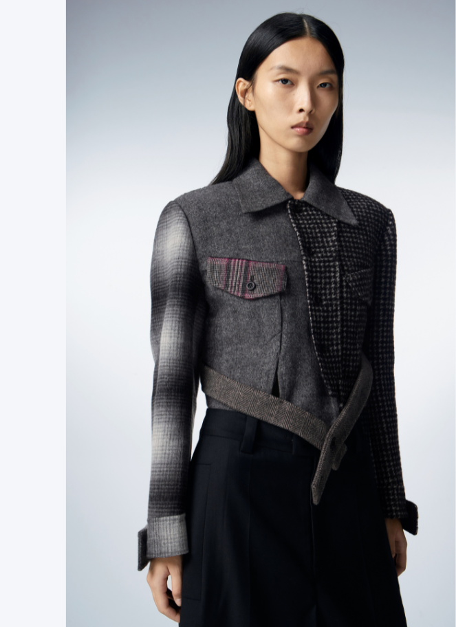 JNBY short cropped jacket in various patterns of black and grey