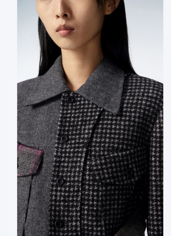 JNBY short cropped jacket in various patterns of black and grey