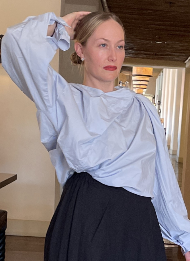 Long sleeved folded pleated front shirt in icy blue by JNBY