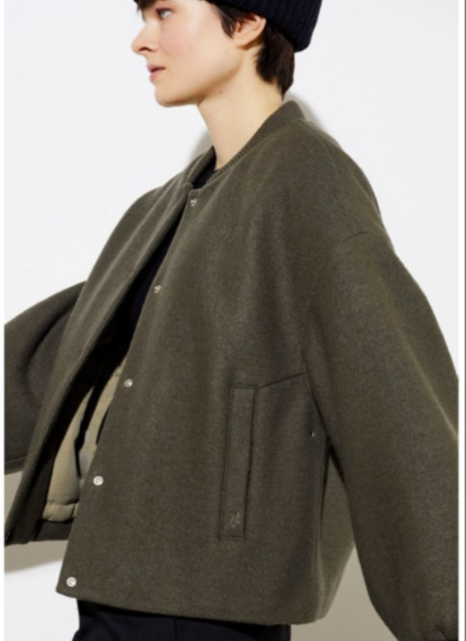 LangerChen Organic Wool Bomber Jacket in olive colour