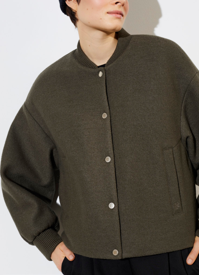 LangerChen Organic Wool Bomber Jacket in olive colour