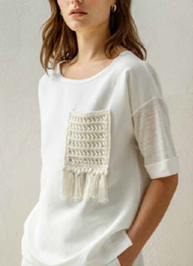 Short Sleeve T-Shirt with knit pocket with fringe from Maria Bellentani