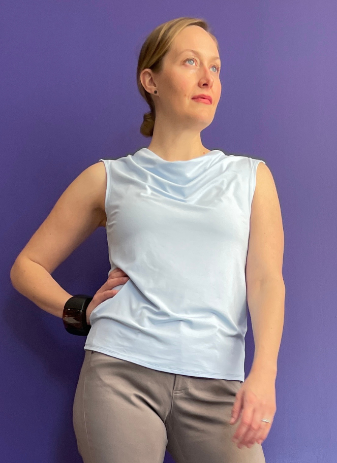 Adjustable Draped Top in light blue by Brenda Beddome